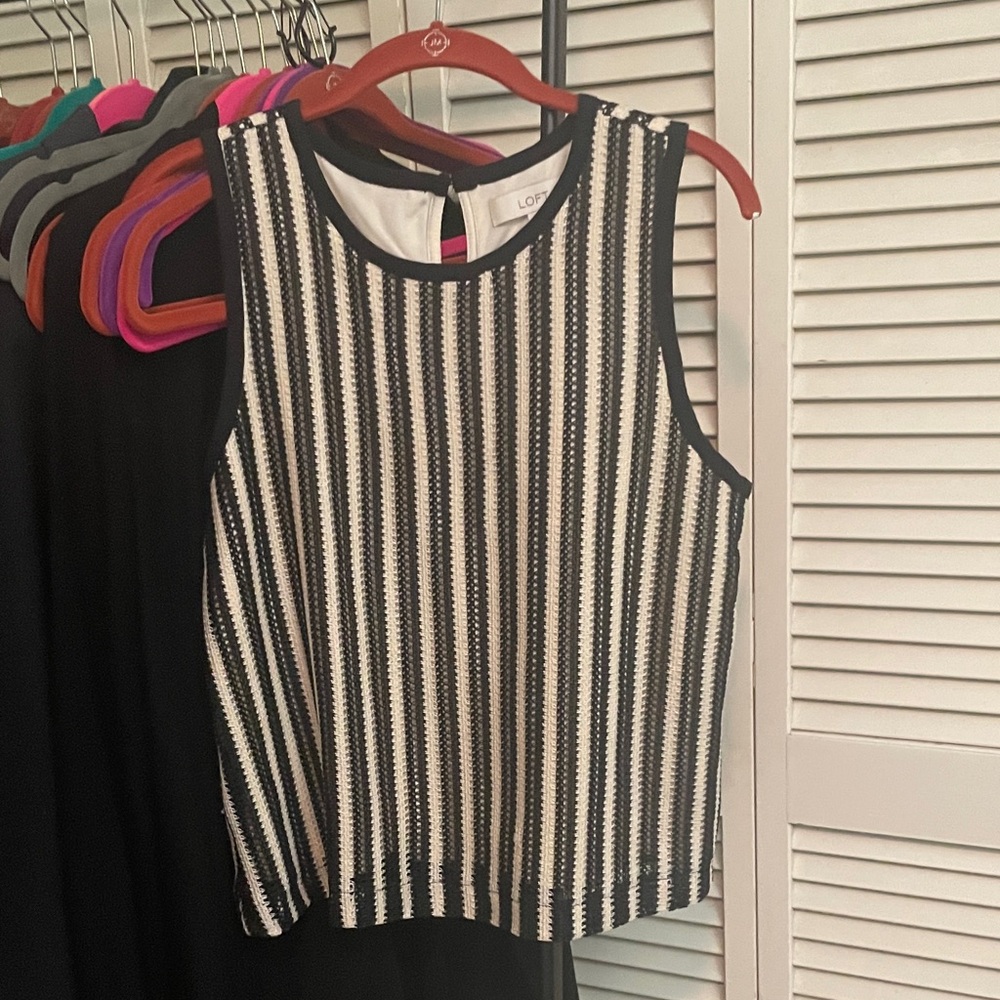 LOFT Black and Cream Striped Sleeveless Shell